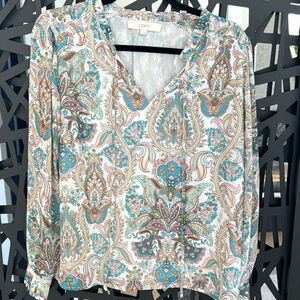 LOFT Women's Tie-Neck Beautiful Paisley Blouse in Teal, Pink and White